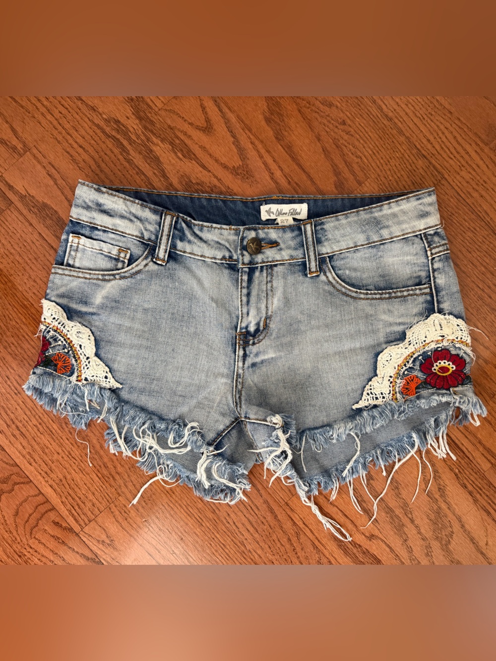 Others Follow Boho Embroidered Frayed Denim Shorts - Light Blue